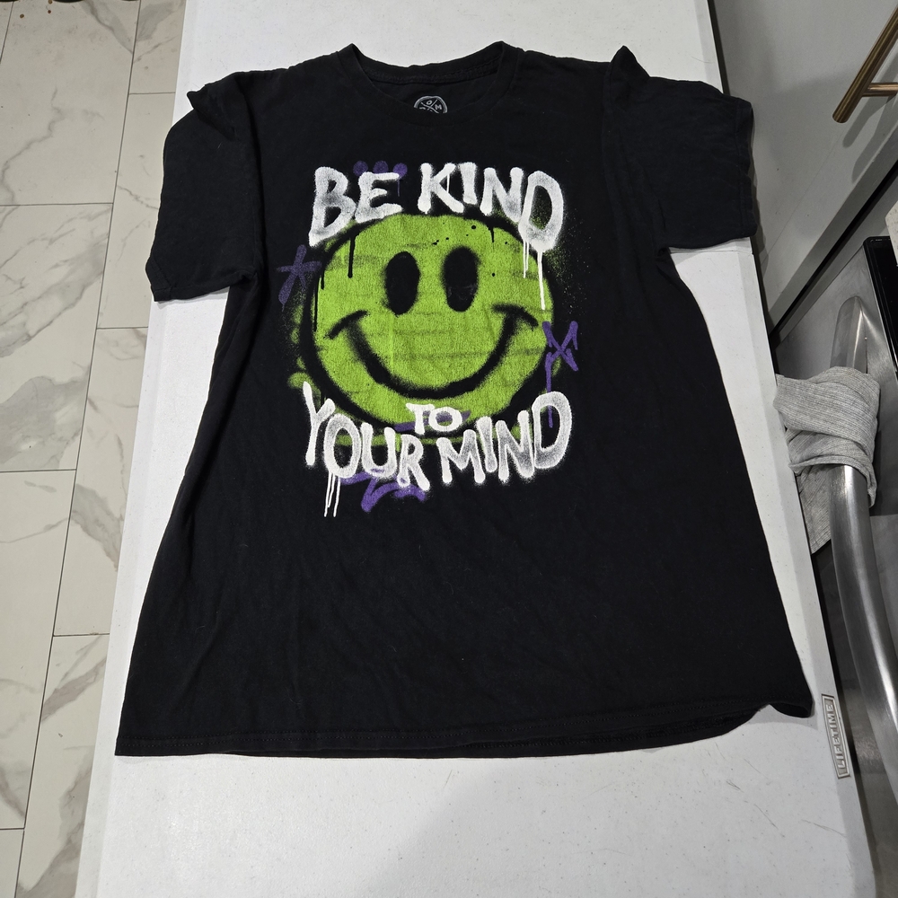Kids Black Graphic Tee with Lime Smiley - Be Kind To Your Mind